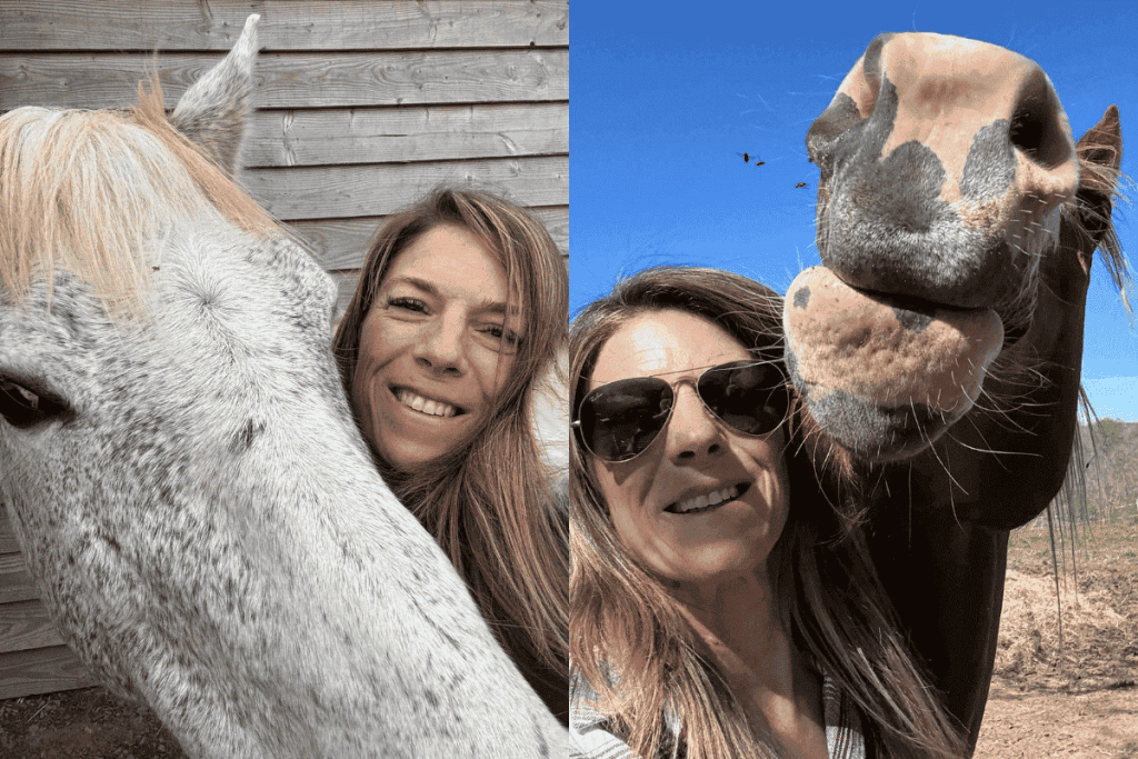 Chevaux guidés par Marie Coudry Maussion, hypnothérapeute et praticienne en soins énergétiques dans le Puy-de-Dôme.