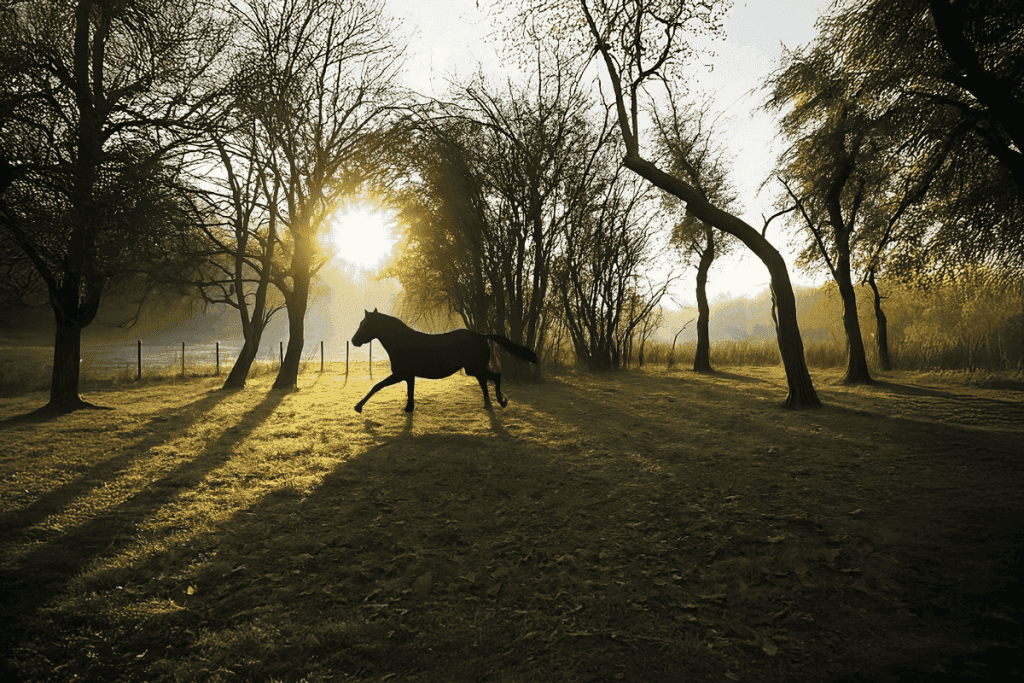 Cheval en mouvement en plein air aux Écuries de Lodbrok